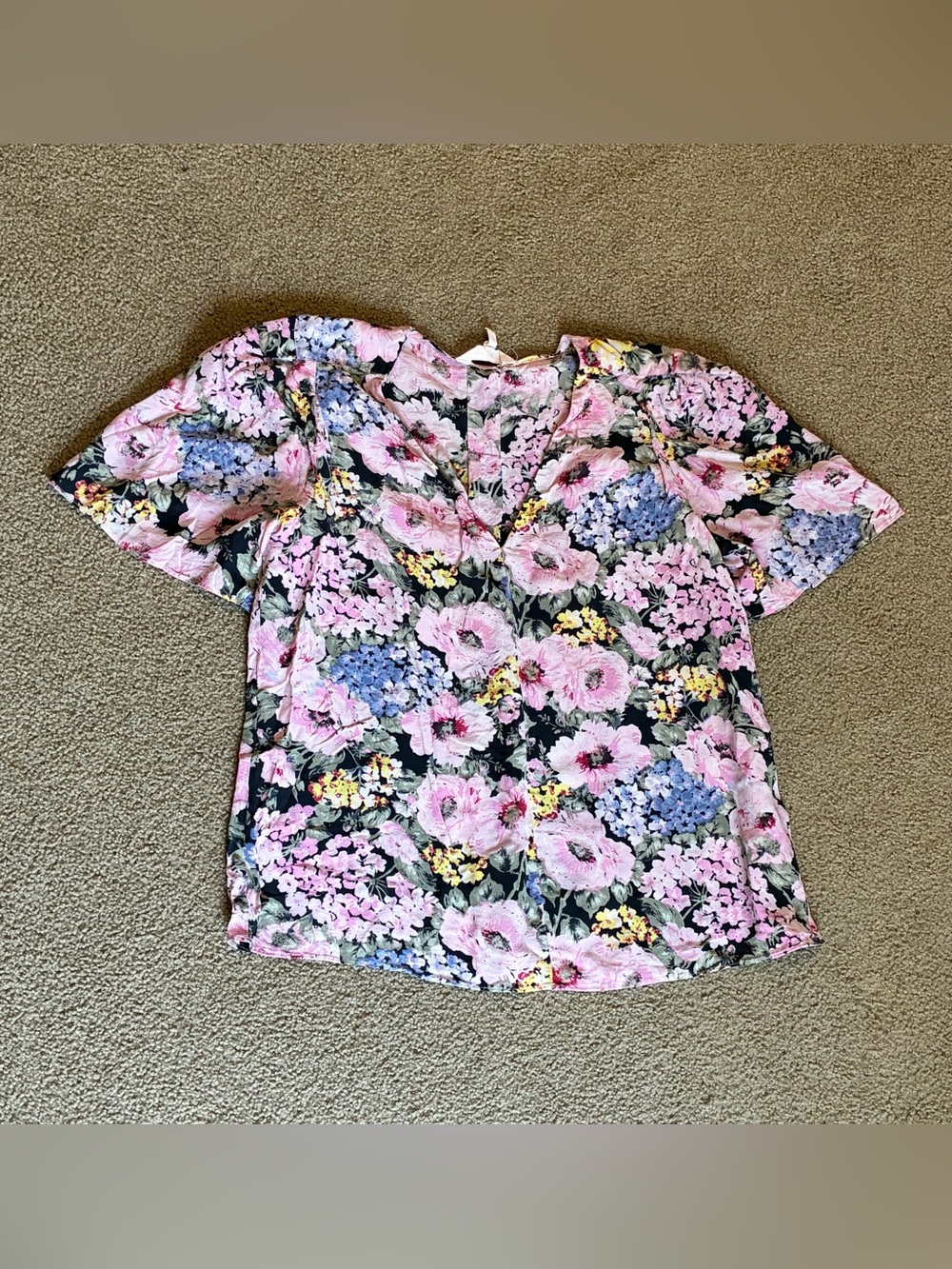 Rebecca Taylor Pink & Blue Floral V-Neck Short Sleeve Silk Blouse Sz 6 Boho Top